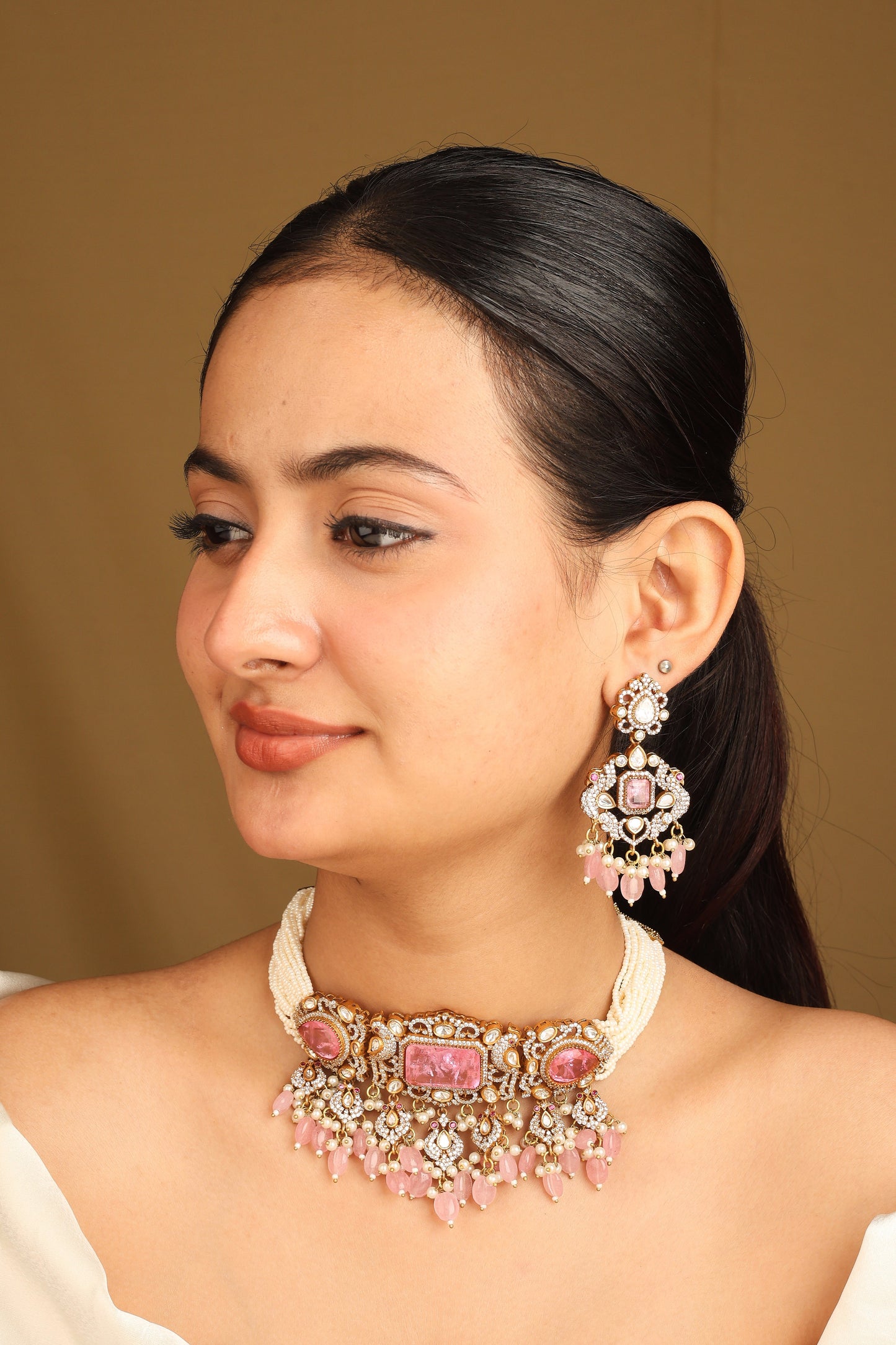 Pearl Choker Set with Pink Accents and Matching Earrings