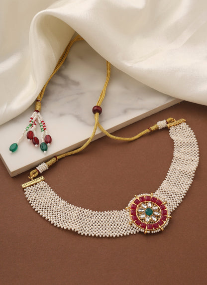 White Choker Set with Red Gold Pendant and Matching Earrings