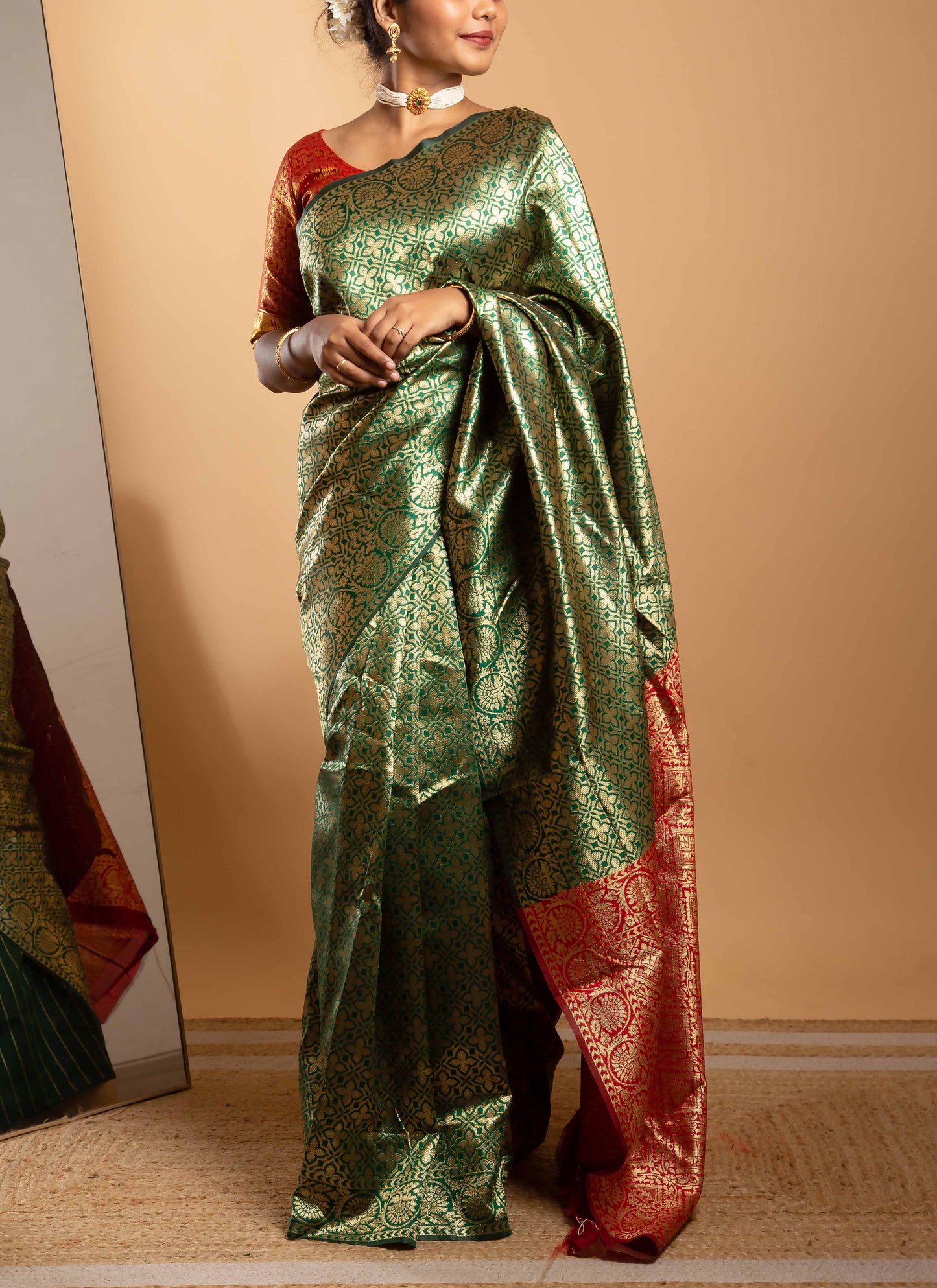 Green and Red Zari Woven Saree with Floral Motifs