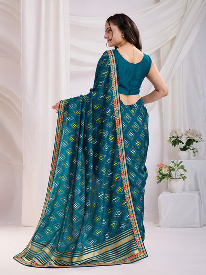 Teal Bandhej Print Embroidery Saree