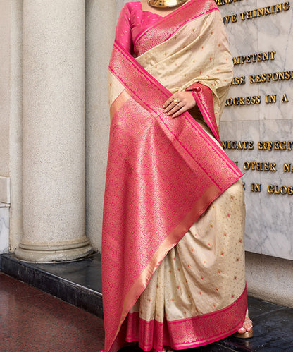 Royal Ivory & Pink Banarasi Art Silk Saree