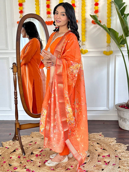 Orange chanderi silk embroidered work kurta pant with dupatta