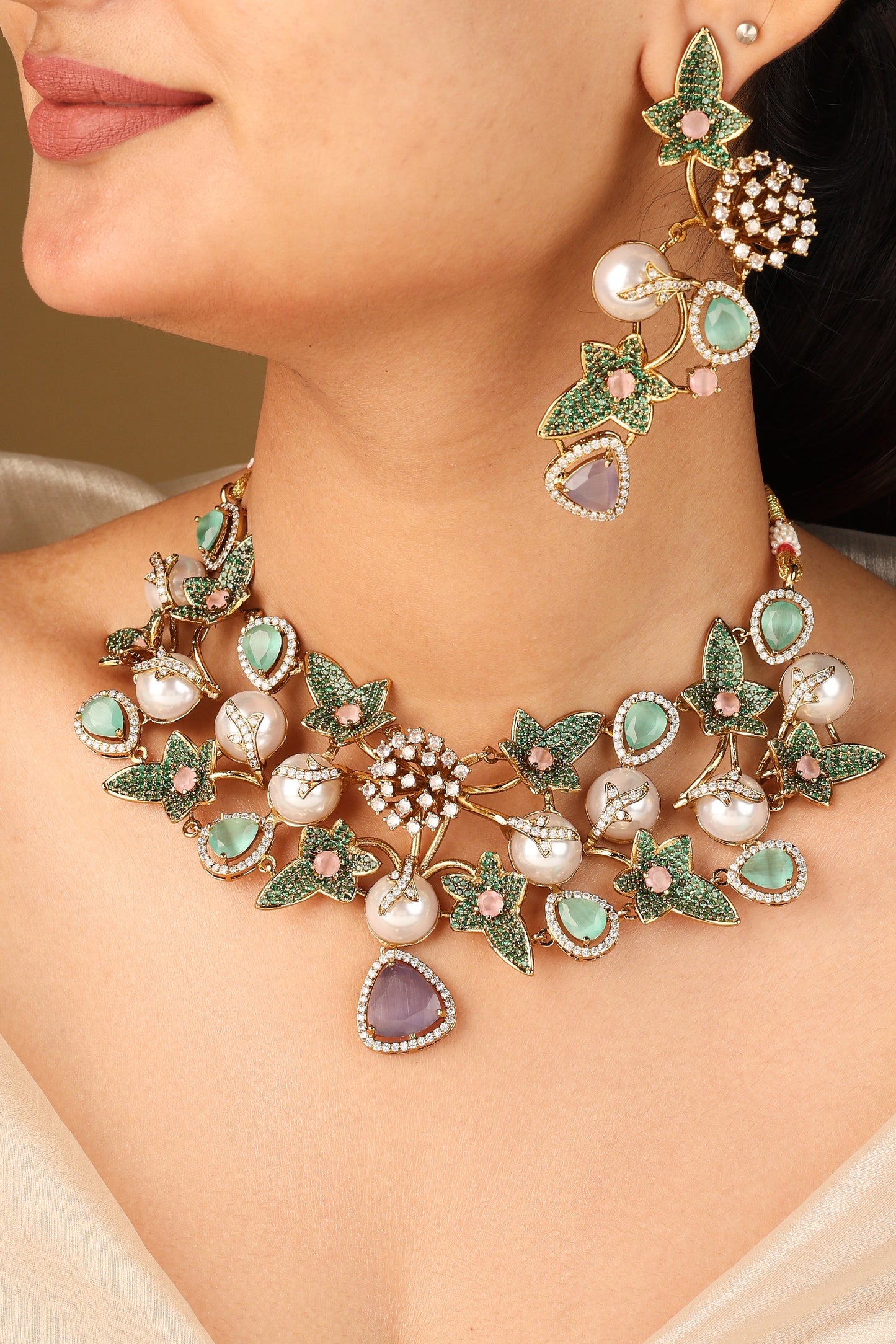 Floral Inspired Statement Necklace with Green and Pink Stones and Matching Earrings