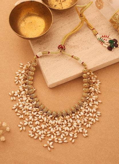 Gold Plated South Indian Style Necklace with Pearl Drops