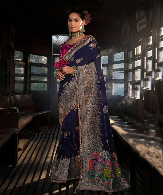 Elegant Navy Blue Woven Banarasi Silk Saree with Intricate Floral Zari Work