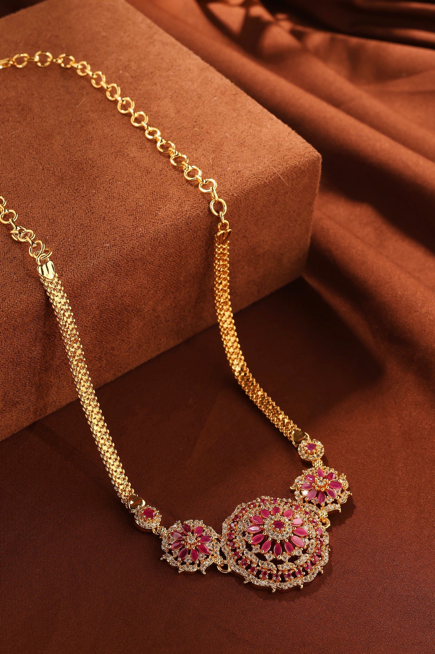 Gold Choker Set with Pink Stones and American Diamond Accents