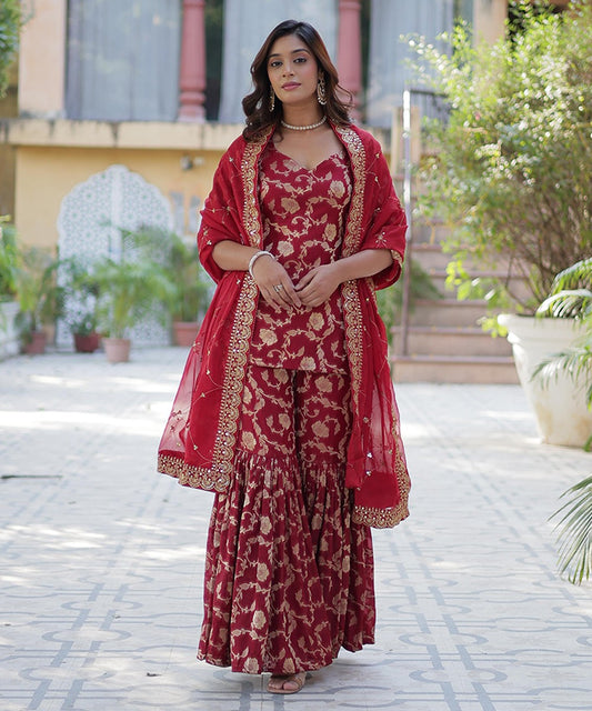 Red Jacquard Georgette Readymade Suit