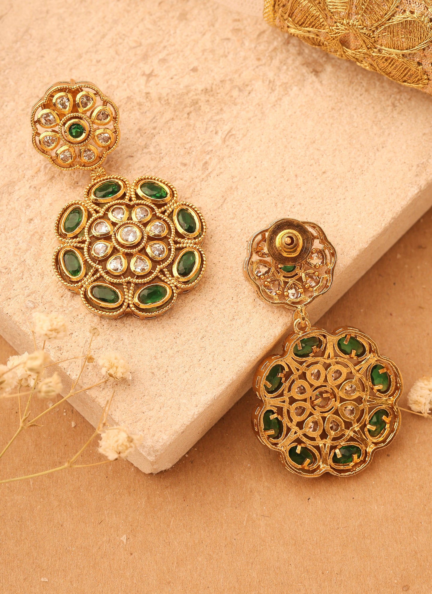 Gold Plated Earrings with Green Stone