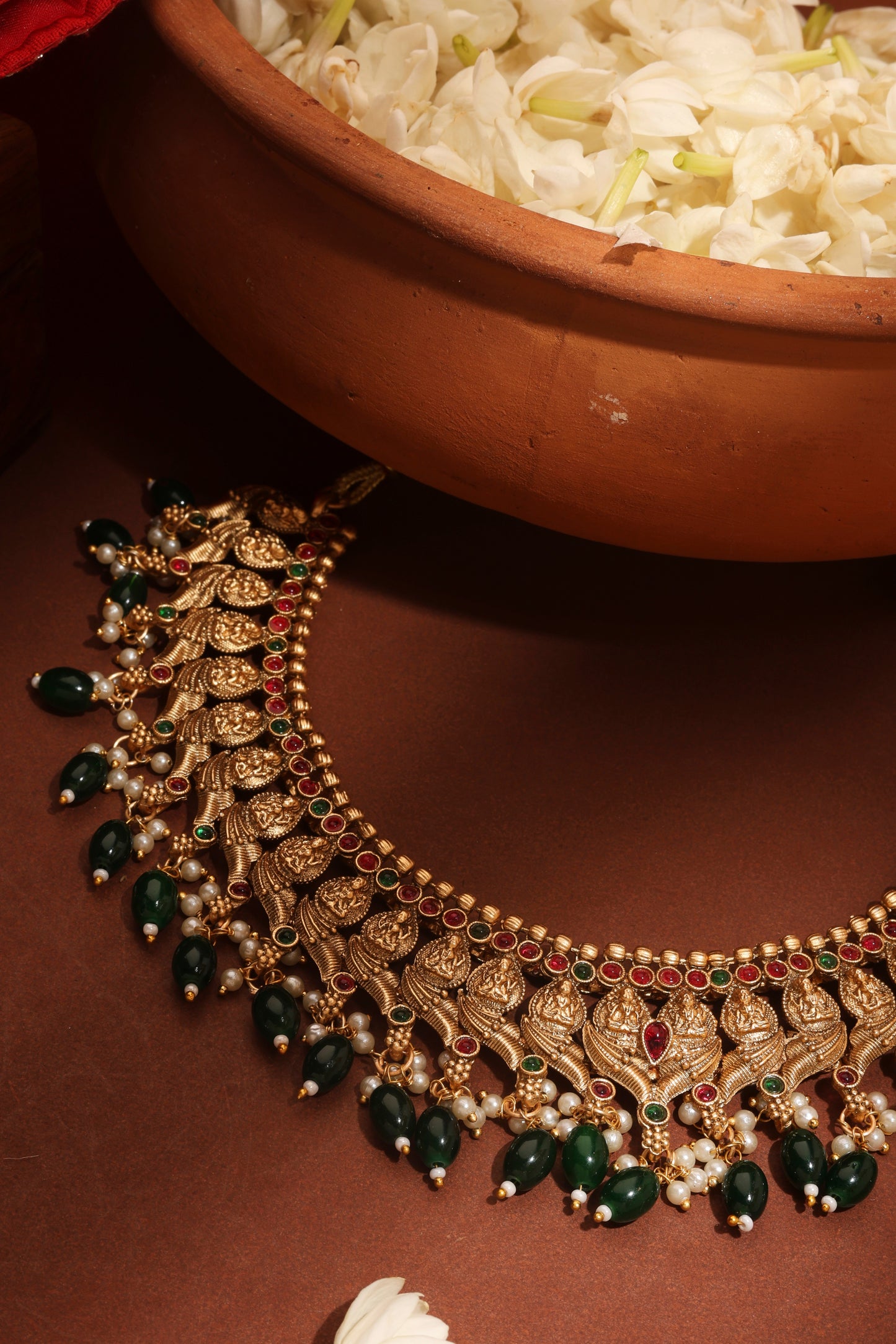 Gold Plated Temple jewellery Necklace Set with Green Drops