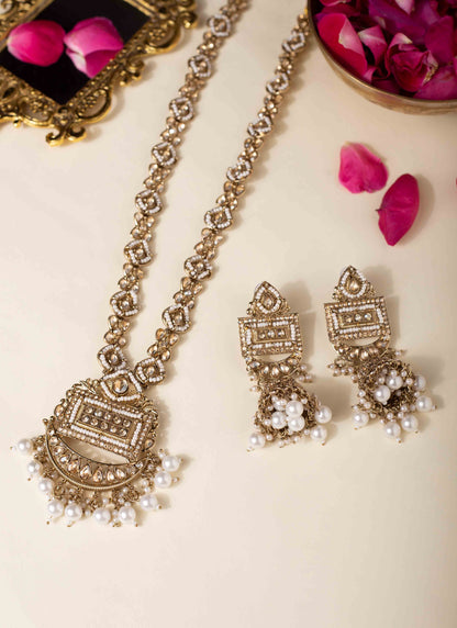 White Beads Polki Long Necklace Set