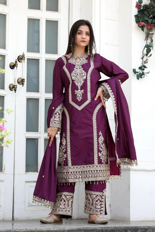 Wine Embroidered Silk Blend Readymade Suit