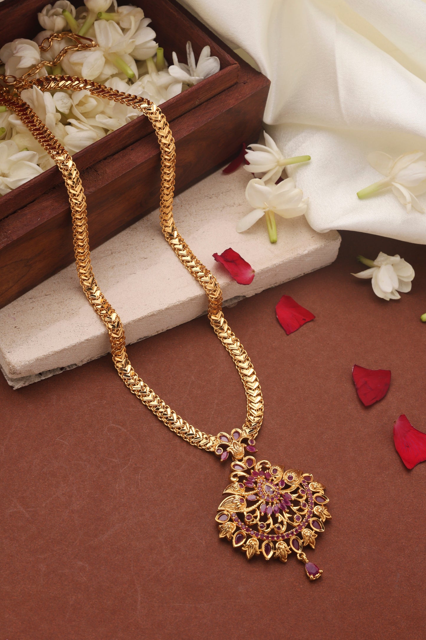 Gold Plated Long Necklace Set with Ruby Stone Studded Pendant