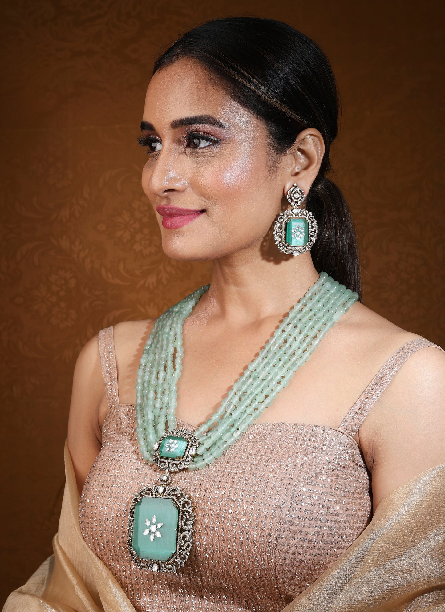 Long Maharani Haar with Mint Green Beads and Statement Pendant