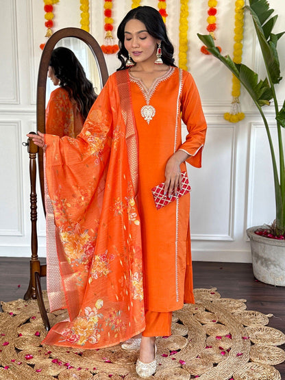 Orange chanderi silk embroidered work kurta pant with dupatta
