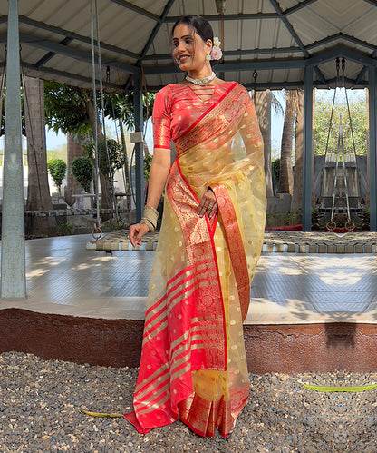 Golden Yellow & Red Organza Silk Saree