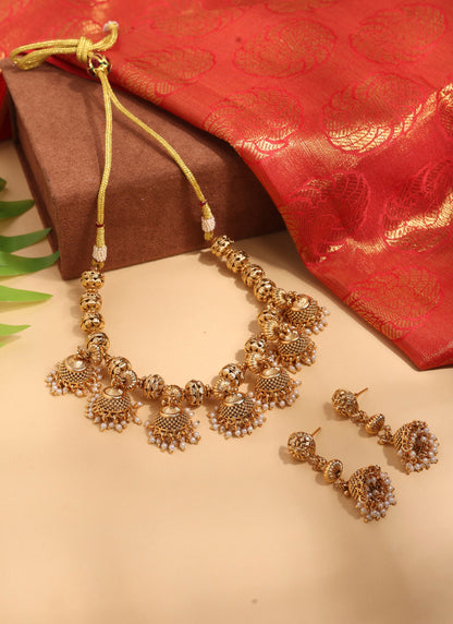 High Gold Necklace Set with Jhumka Style Details and Matching Earrings