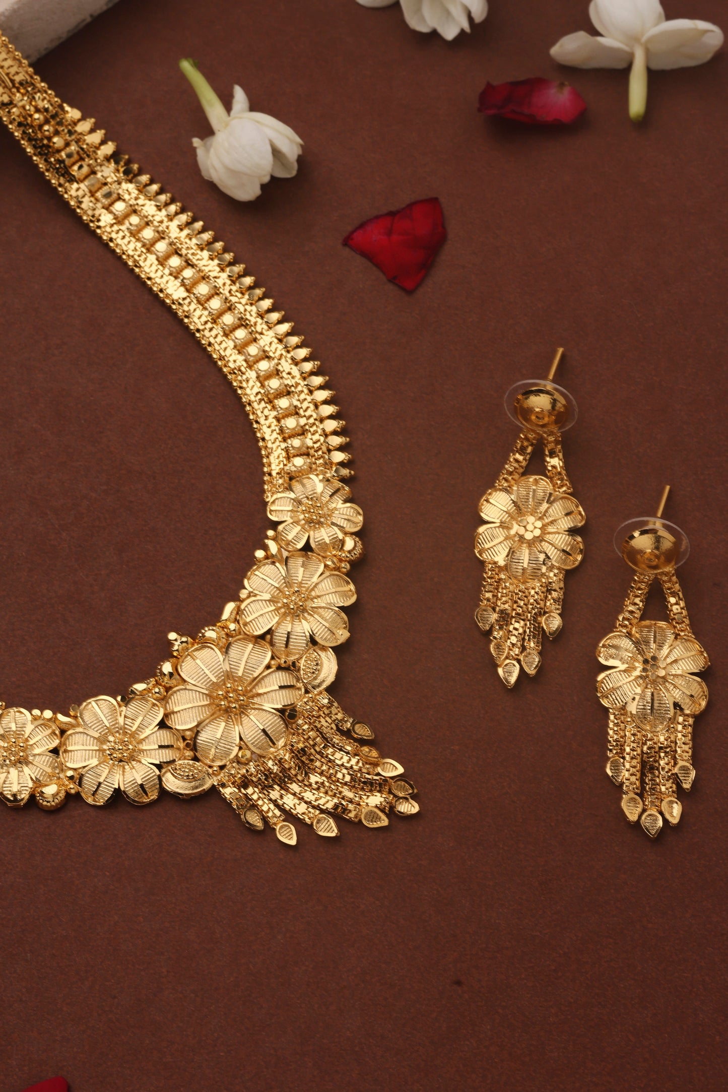 Gold Plated Long Necklace Set with Floral Designs