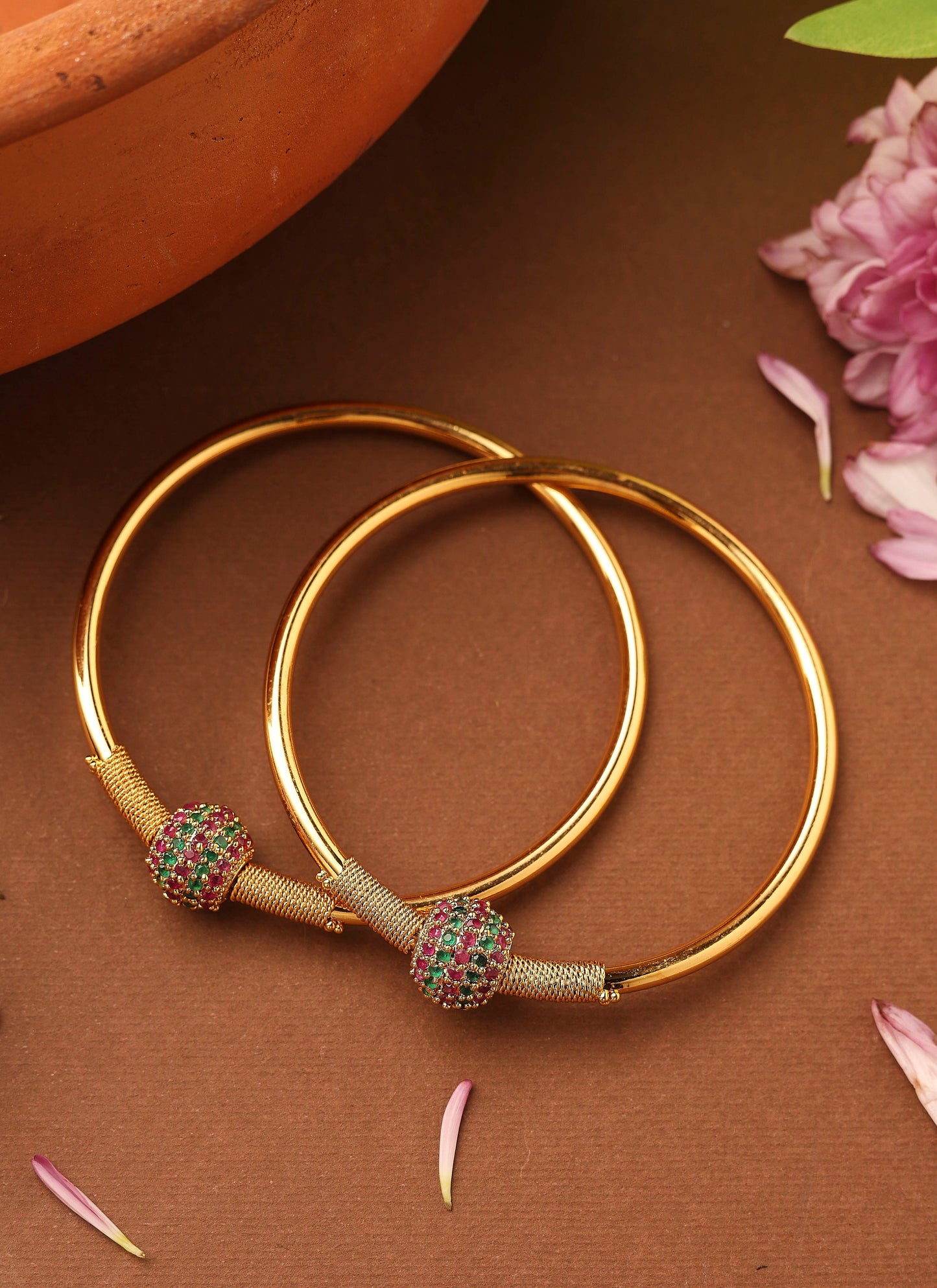 Gold Bangles with Center Ball Studded with Stones