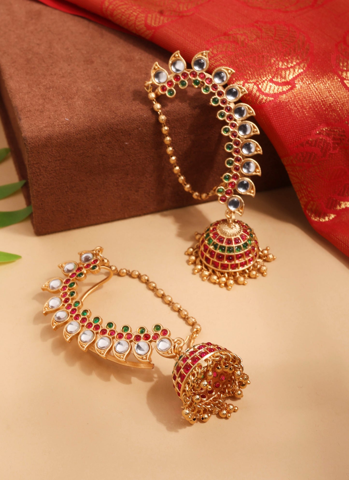 Gold Multicolour Earrings with Ear Chain