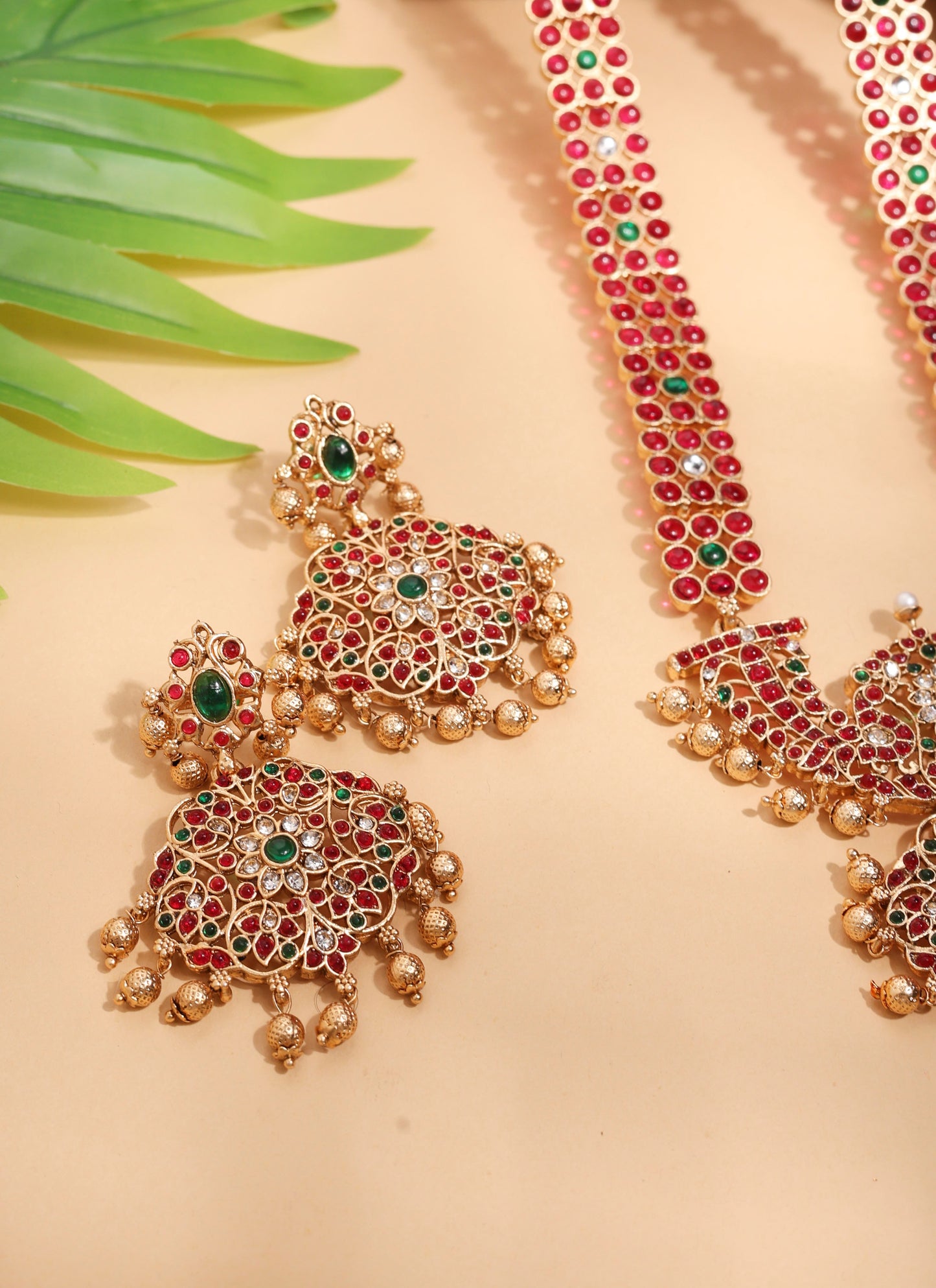 Long Gold Necklace Set with Red and Green Stones