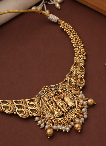 Gold Plated Temple Jewellery Necklace Set with Goddess Motif