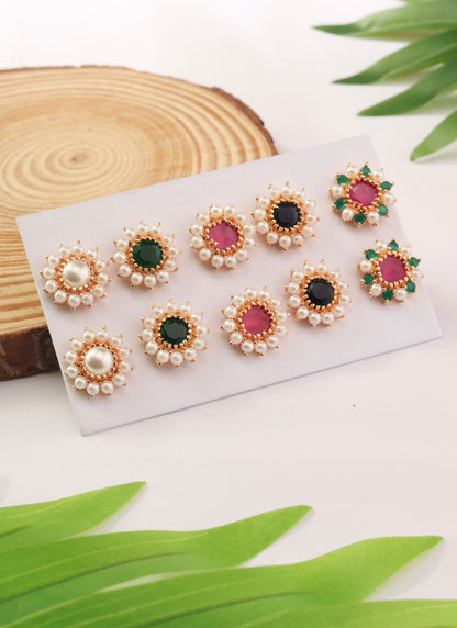 Set of Five Floral Pearl Studs with Multicolour Stones