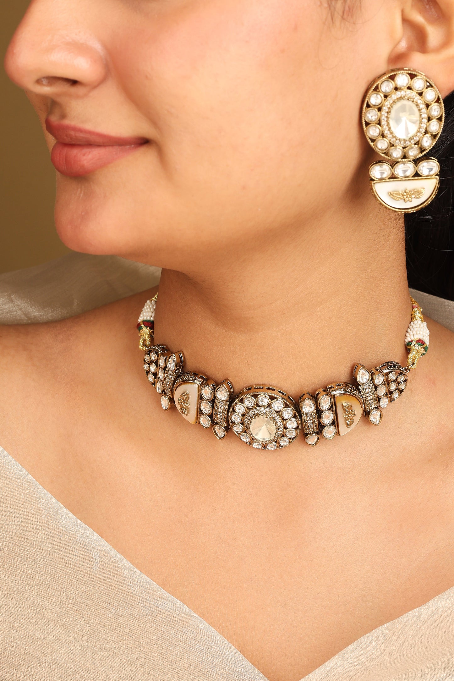 Kundan Choker Set with White Stones and Matching Earrings