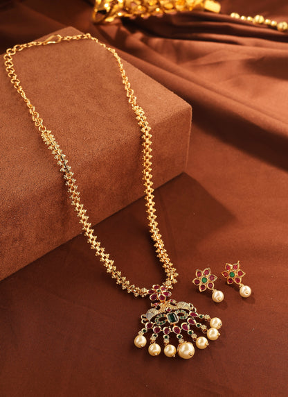 Elegant Gold Necklace Set with Pink and Green Beads and Pearls