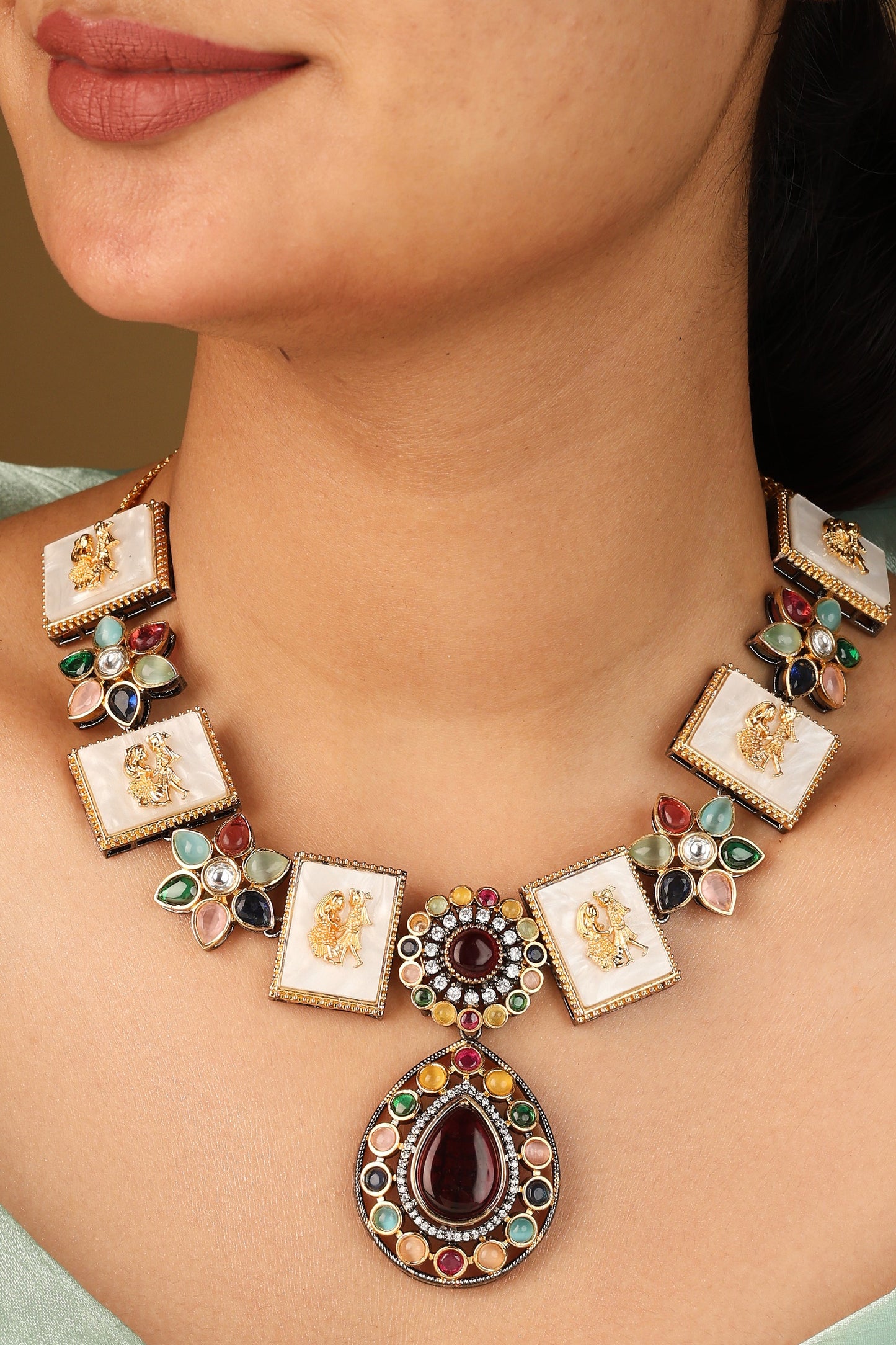 Multicolour Monalisa Stone Necklace Set with Jadau Work