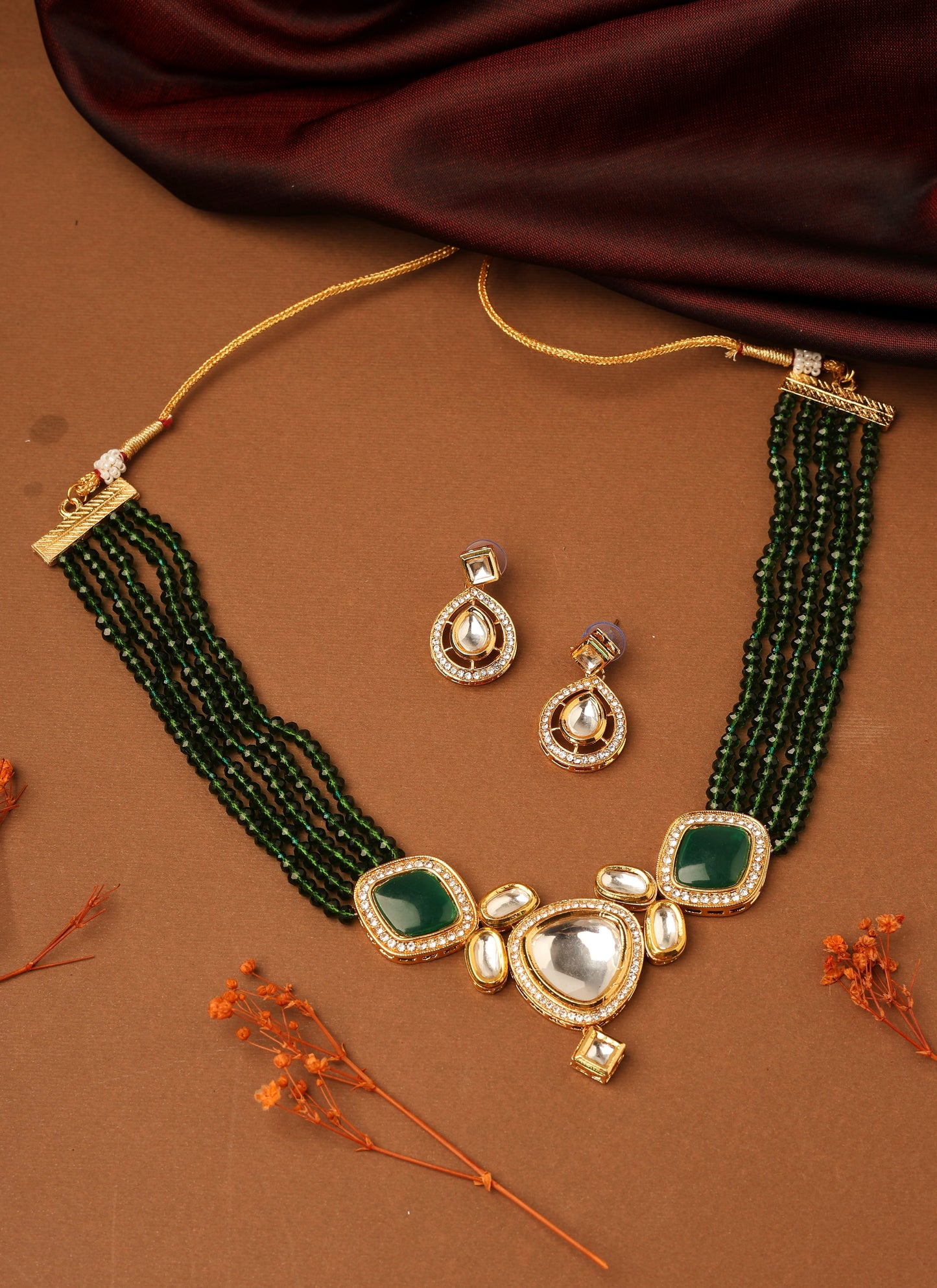 Kundan Pendant with Green Beads Necklace Set