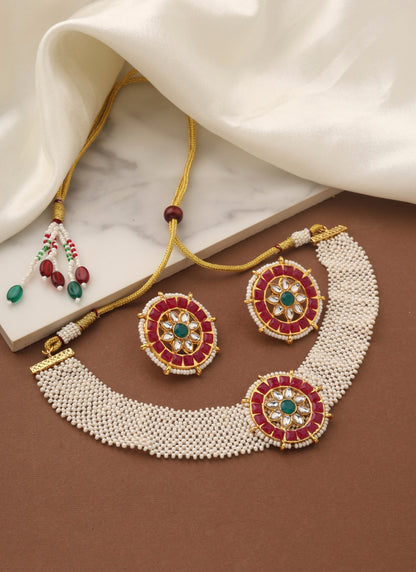 White Choker Set with Red Gold Pendant and Matching Earrings