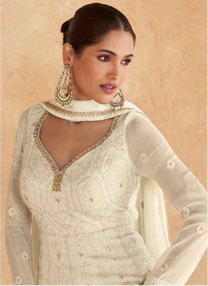 White Georgette Sequins Kurta with Pant & Dupatta