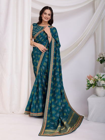 Teal Bandhej Print Embroidery Saree