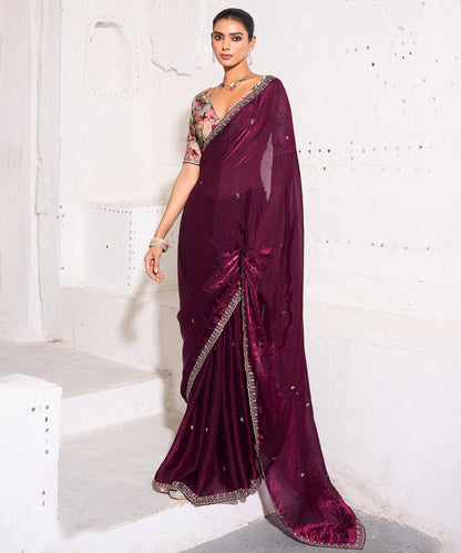 Plum Soft Tissue Embroidered Saree