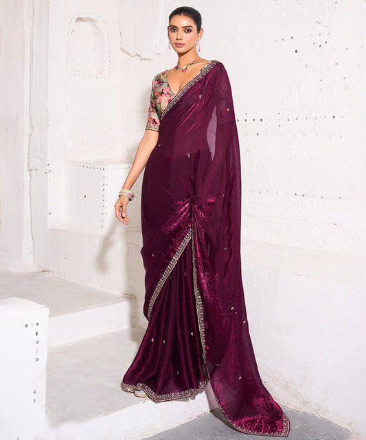 Plum Soft Tissue Embroidered Saree