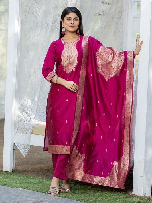 Pink Silk Blend Jacquard Kurta Pant with Dupatta