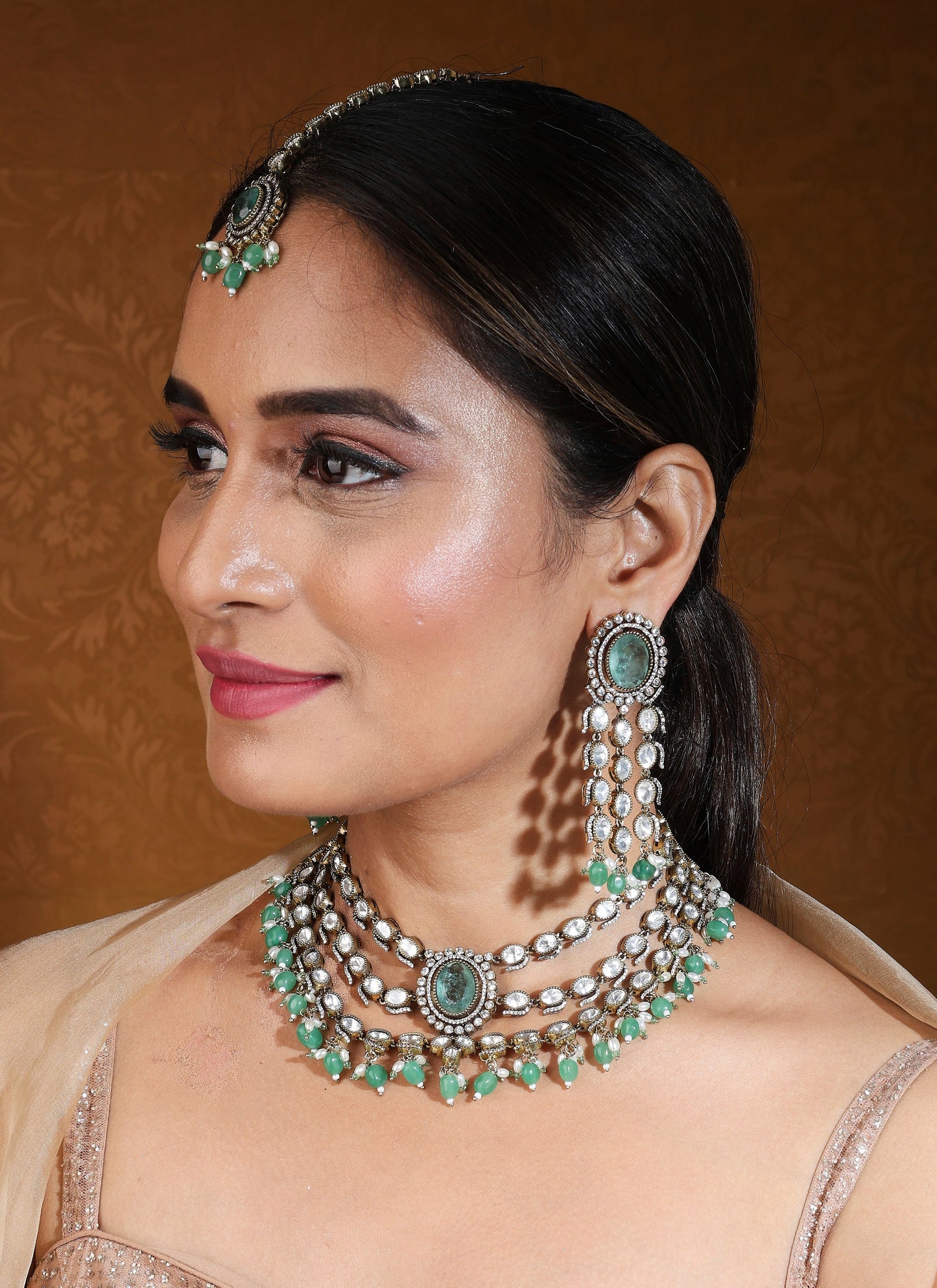 Mint Green Stone Kundan Layer Choker Necklace Set with Maang Tikka