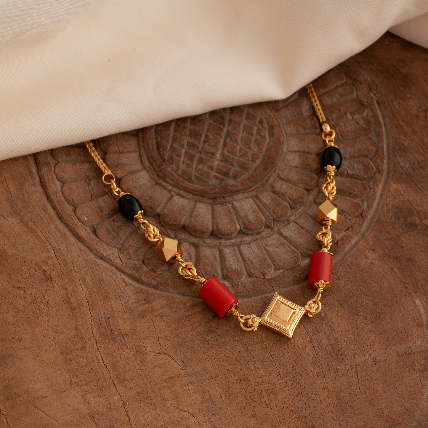 Vintage Charm Red Stone and Gold Pendant Necklace