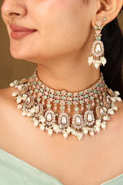 Pastel Colour Choker Necklace with American Stones for Bridal Look