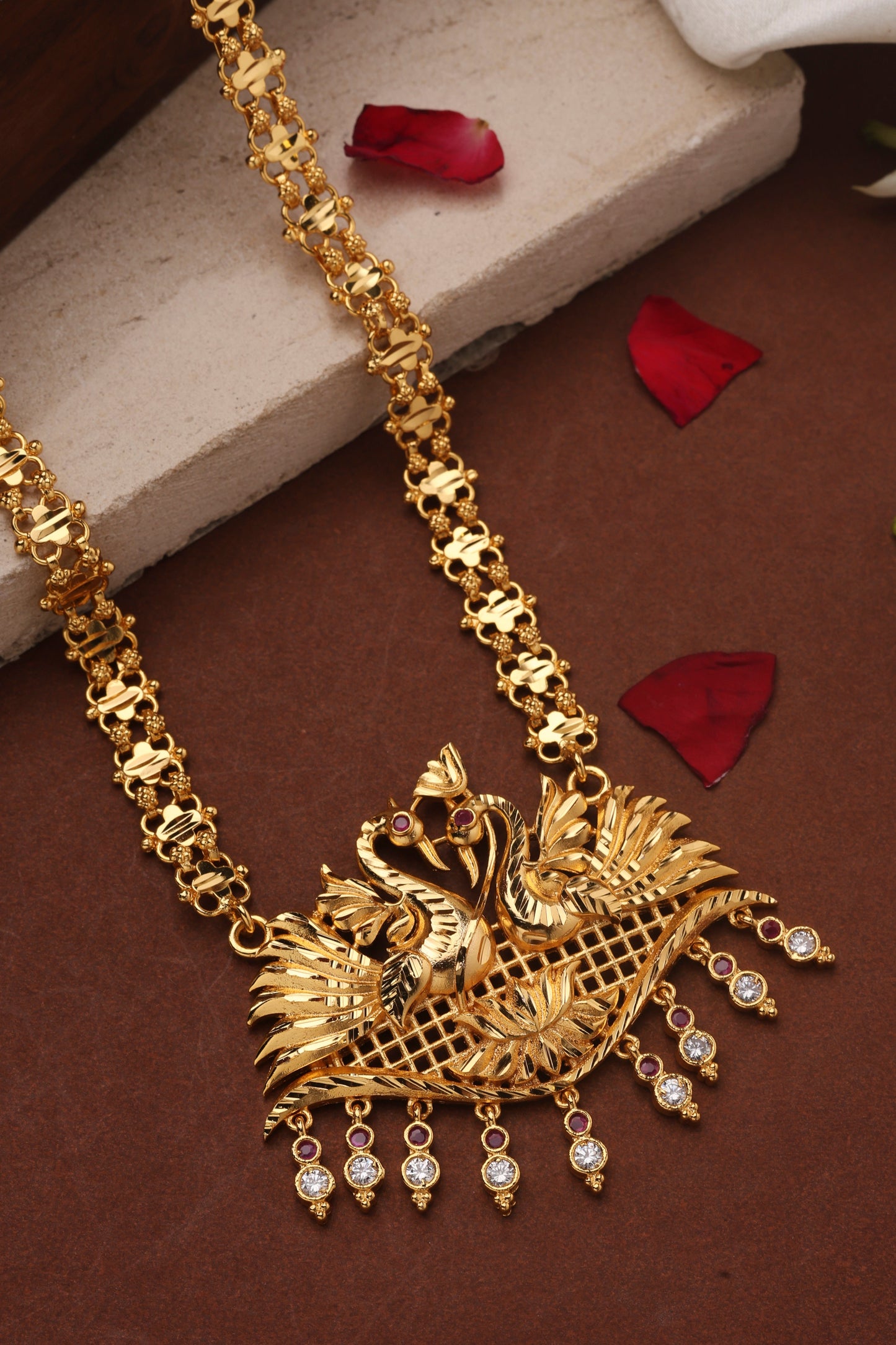 Gold Plated Long Necklace with Swan Pendants and American Diamond Accents