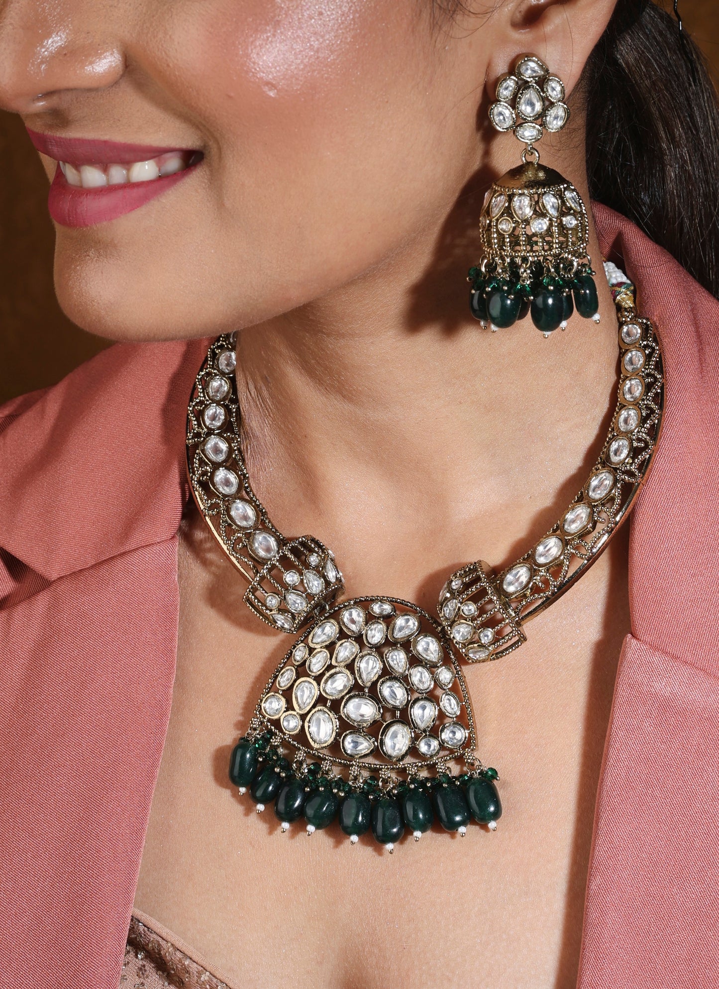 Hasli Style Statement Necklace with Kundan Stones and Green Drops