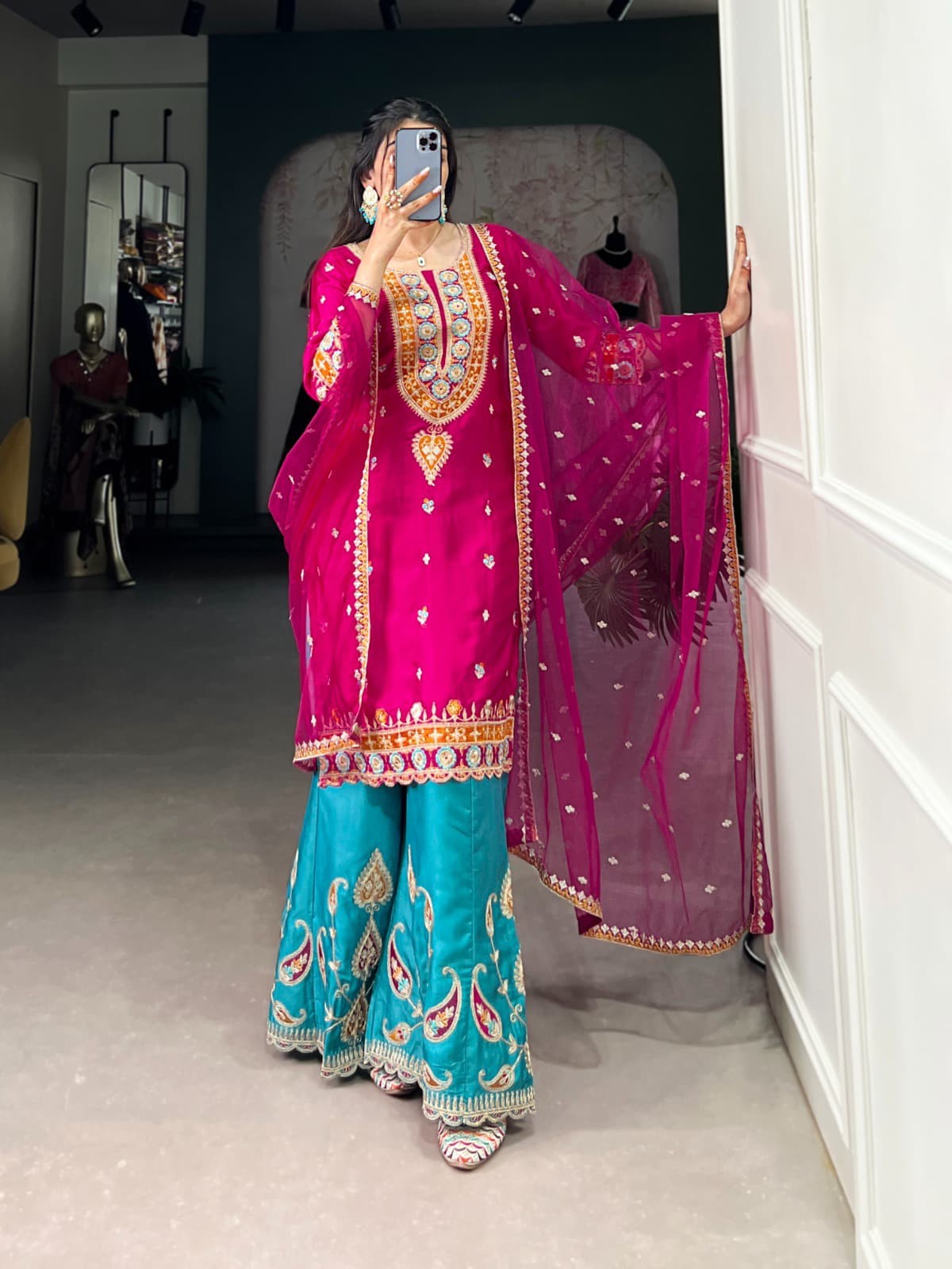 Pink Thread Embroidery Silk Blend Readymade Suit