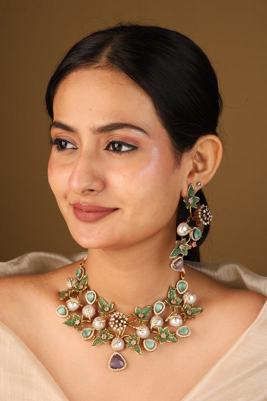 Floral Inspired Statement Necklace with Green and Pink Stones and Matching Earrings