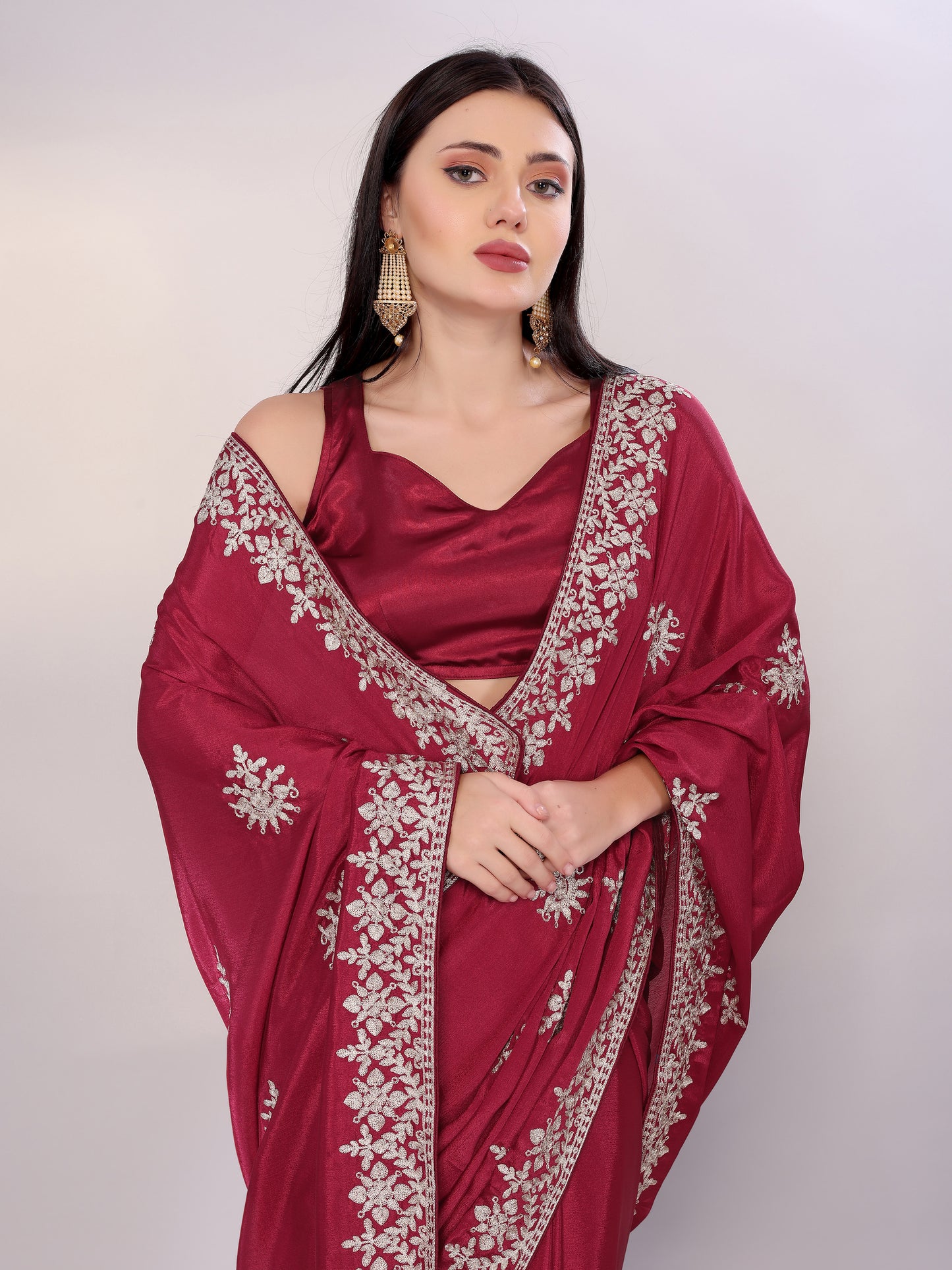 Elegant Maroon Chinon Silk Embroidered Saree with Matching Blouse