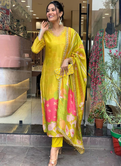 Women’s Yellow Chanderi Silk Embroidered Kurta Pant Dupatta Set