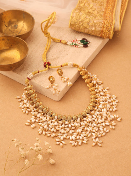 Gold Plated South Indian Style Necklace with Pearl Drops