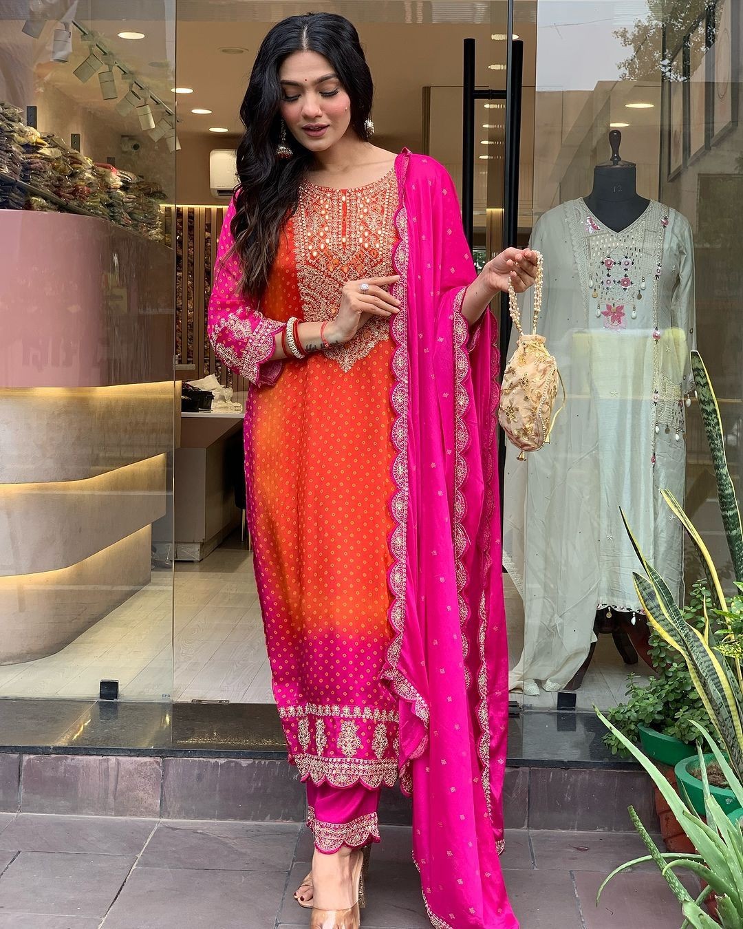 Orange Chiffon Embroidered Kurta Set