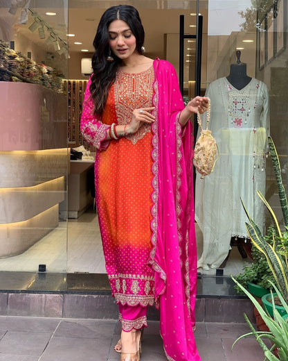 Orange Chiffon Embroidered Kurta Set