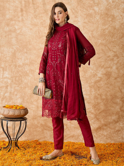 Semi Stitched Pakistani Suit in Maroon Georgette