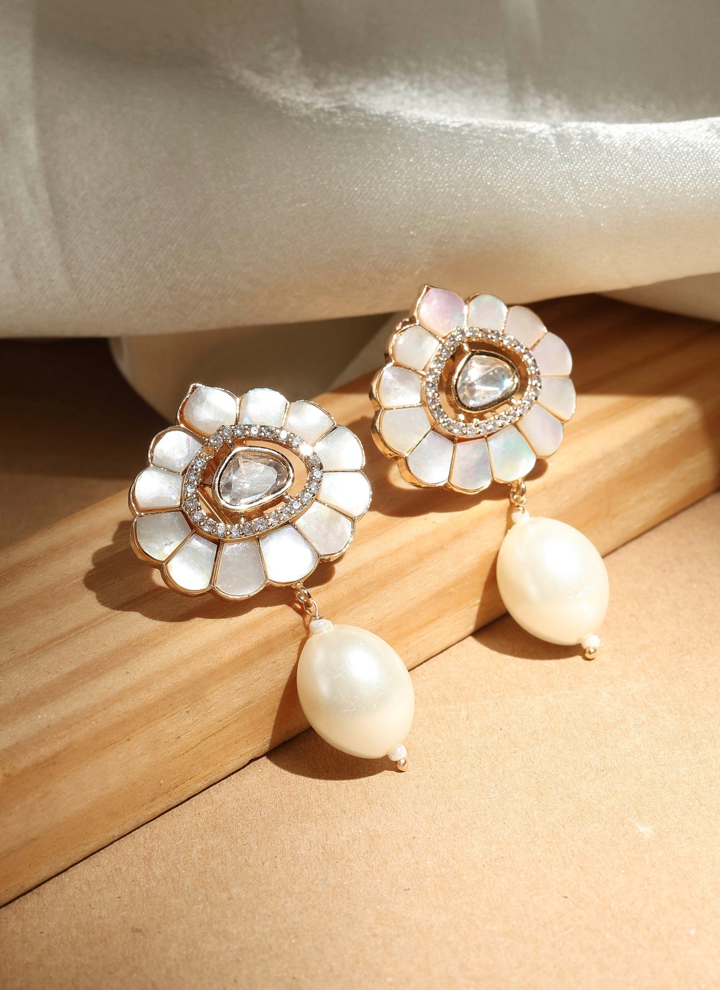 Statement Studs with Monalisa White Stone and Pearl Drops